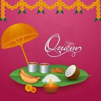 gelukkig onam viering concept met sadhya maaltijd, olie lamp diya en maveli olakkuda paraplu Aan roze achtergrond. vector