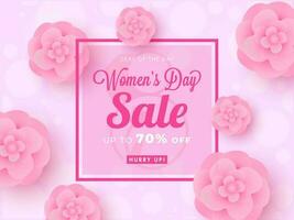 vrouwen dag uitverkoop poster ontwerp met korting aanbod en papier besnoeiing bloemen versierd Aan roze bokeh achtergrond. vector