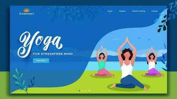 landen bladzijde of web banier ontwerp met Dames karakter praktijk yoga Sukhasana houding voor spanning vrij verstand. vector