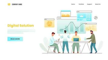 bedrijf mannen werken samen Aan werkplaats met verschillend infographics website voor digitaal oplossing concept gebaseerd landen bladzijde ontwerp. vector