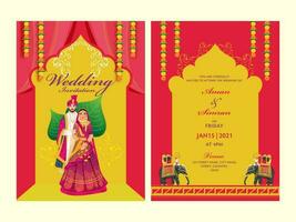 rood en geel bruiloft uitnodiging kaart reeks met Indisch paar beeld en evenementenlocatie details. vector