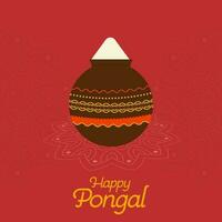 gelukkig pongal viering poster ontwerp met modder pot vol van graan Aan rood achtergrond. vector