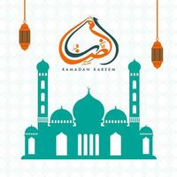 Arabisch schoonschrift van Ramadan kareem met moskee, lantaarns hangen Aan wit Islamitisch patroon achtergrond. vector