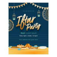 iftar partij folder ontwerp met heerlijk voedingsmiddelen en hangende lit lantaarns Aan blauw achtergrond. vector