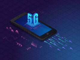 5g mobiel internet netwerk onderhoud concept, 3d tekst van 5g Aan smartphone en blauw binair met infographic futuristische achtergrond. vector