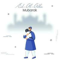 eid-al-adha mubarak concept met moslim Mens Holding schapen Aan wit wazig moskee achtergrond. vector