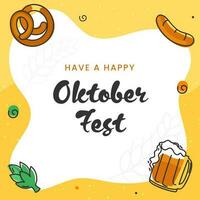 gelukkig oktoberfeest festival concept met tekening bier mok, hop, worst, zoute krakeling Aan geel en wit achtergrond. vector