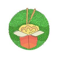 continue één lijntekening noodle in box. Aziatische ramen, traditioneel Chinees restaurant met pasta en eetstokjes. swirl curl cirkel achtergrondstijl. enkele lijn ontwerp vector grafische afbeelding