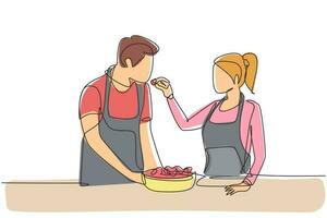 continue één lijntekening mooie vrouw voedt haar man eten en voor hem staat een kom gevuld met salade. samen koken in gezellige keuken. enkele lijn tekenen ontwerp vector grafische afbeelding