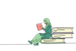 continu één lijntekening jonge arabische vrouw die leest, leert en op grote boeken zit. thuis studeren. slimme student, onderwijsconcept, eerlijk. enkele lijn tekenen ontwerp vector grafische afbeelding