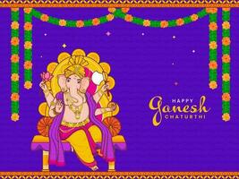 gelukkig ganesh chaturthi viering concept met heer ganesha standbeeld en bloemen slinger Aan Purper zigzag lijnen achtergrond. vector