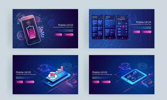 mobiel ui, ux concept gebaseerd landen bladzijde reeks met smartphone en infographic elementen Aan blauw achtergrond. vector