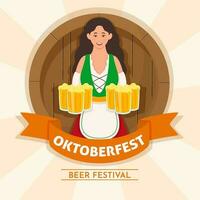 oktoberfeest bier festival poster ontwerp met Duitsland jong vrouw Holding drinken mokken Aan houten en perzik stralen achtergrond. vector