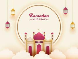 Ramadan mubarak tekst Aan circulaire kader met glanzend moskee, wolken en hangende lantaarns versierd achtergrond. vector