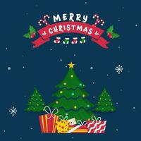 vrolijk Kerstmis poster ontwerp met decoratief Kerstmis bomen, geschenk dozen, snoep wandelstokken Aan blauw sneeuwval achtergrond. vector