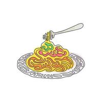 continu één lijntekening spaghetti bolognese met vork op plaat. klassiek italiaans pastagerecht voor de lunch. heerlijke maaltijd thuis. swirl krul stijl. enkele lijn tekenen ontwerp vector grafische afbeelding
