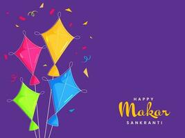 gelukkig makar sankranti concept met kleurrijk vliegers en confetti Aan Purper achtergrond. vector