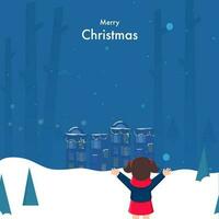 terug visie van weinig meisje verhogen handen met Kerstmis bomen en gebouwen Aan blauw sneeuw achtergrond voor vrolijk Kerstmis concept. vector