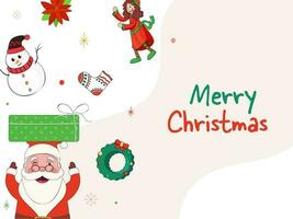 vrolijk Kerstmis concept met grappig de kerstman claus, decoratief lauwerkrans, sneeuwman en vrolijk meisje Aan wit achtergrond. vector
