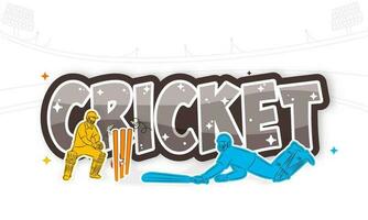 sticker stijl krekel tekst met rennen uit batsman en wicket keeper speler Aan wit achtergrond. vector