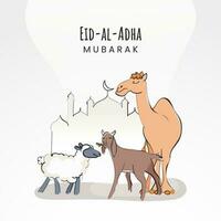 eid-al-adha mubarak concept met tekenfilm dieren net zo schaap, geit, kameel en moskee Aan wit achtergrond. vector