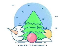 vlak stijl groet kaart ontwerp met Kerstmis boom, kerstballen en sneeuwman gezicht Aan wit achtergrond voor vrolijk Kerstmis viering. vector