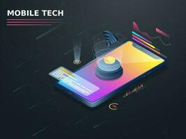 3d smartphone met bitcoin server en infographic meerdere scherm voor mobiel technologie concept. vector