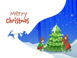 vrolijk kinderen versierd Kerstmis boom van verlichting slinger Aan blauw en wit achtergrond voor vrolijk Kerstmis viering. vector