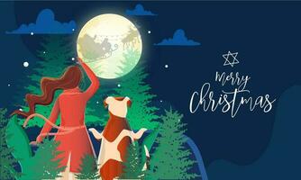terug visie van vrouw en hond aan het kijken de kerstman rijden rendier slee Aan Woud maan nacht blauw achtergrond voor vrolijk Kerstmis viering. vector
