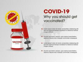 covid-19 gevaccineerd concept gebaseerd poster ontwerp met vaccin fles en spuit. vector