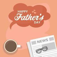 gelukkig vader dag doopvont met top visie van thee beker, bril en krant- Aan perzik achtergrond. vector