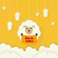 papier besnoeiing illustratie van tekenfilm schapen tonen eid al adha lint of poster, lantaarns, sterren hangen en wolken Aan geel achtergrond. vector