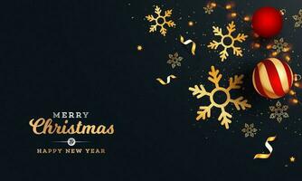 vrolijk Kerstmis en gelukkig nieuw jaar viering groet kaart ontwerp versierd met gouden sneeuwvlokken, sterren, kerstballen en verlichting slinger Aan zwart achtergrond. vector