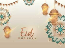eid mubarak concept met bronzen lantaarns hangen, lichten effect en mandala patroon versierd achtergrond. vector