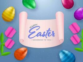 gelukkig Pasen doopvont Bij roze rol papier met glanzend kleurrijk eieren en papier tulp bloemen Aan blauw achtergrond. vector
