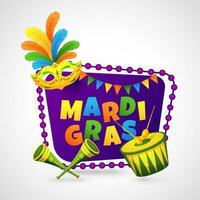 kleurrijk tekst van mardi gras Aan Purper kader versierd met vlaggedoek vlaggen, masker en musical instrument illustratie Aan wit achtergrond. vector