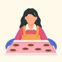 gezichtsloos jong vrouw bakken koekjes in oven dienblad Aan beige achtergrond. vector