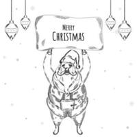 schetsen van de kerstman claus Holding vrolijk Kerstmis kaart en kerstballen hangen Aan wit achtergrond. vector