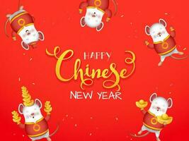 gelukkig Chinese nieuw jaar doopvont met tekenfilm karakter van Rat Holding blokken in dansen houding Aan oranje achtergrond. vector