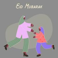 eid mubarak concept met moslim vrouw spannend voor knuffelen naar haar dochter Aan grijs achtergrond. vector