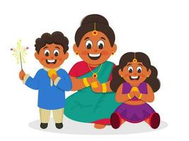 vrolijk Indisch vrouw en haar kinderen aan het eten Indisch zoet Aan wit achtergrond. vector