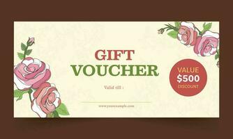 geschenk tegoedbon of coupon horizontaal sjabloon lay-out met roos bloemen in pastel geel kleur. vector