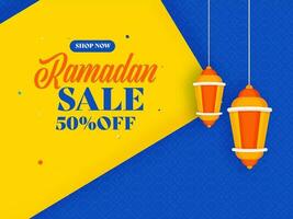 Ramadan uitverkoop poster ontwerp met korting bieden, lantaarns hand- Aan geel en blauw achtergrond. vector