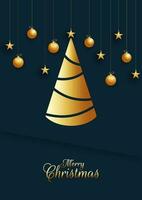 vrolijk Kerstmis sjabloon ontwerp met creatief gouden Kerstmis boom, sterren en hangende kerstballen Aan blauw achtergrond. vector