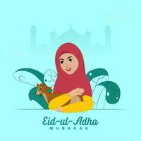 eid-ul-adha mubarak concept met Islamitisch vrouw Holding geit en bladeren Aan cyaan silhouet moskee achtergrond. vector