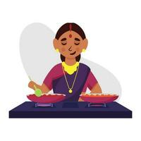 illustratie van Indisch vrouw Koken Bij keuken Aan wit achtergrond. vector
