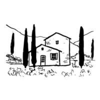 inkt hand- getrokken natuur tafereel. vector Toscane landschap met huis en bergen