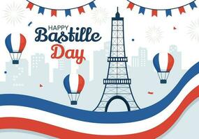 gelukkig Bastille dag Aan 14 juli vector illustratie met Frans vlag en eiffel toren in vlak tekenfilm hand- getrokken voor landen bladzijde Sjablonen