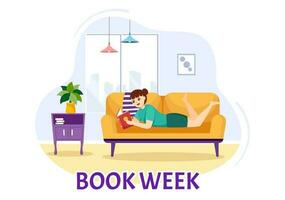 boek week evenementen vector illustratie met mensen lezing of studenten studie leerboeken in vlak tekenfilm hand- getrokken landen bladzijde Sjablonen