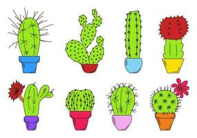 reeks van gekleurde cactussen in potten met schets vector